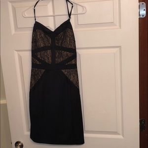 Black dress with taupe underlay and black lace